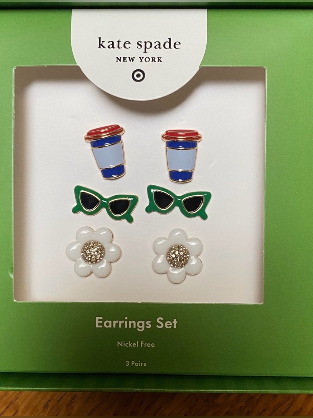 New Kate Spade boxed 3 pairs summer enamel earrings coffee sunglasses daisy